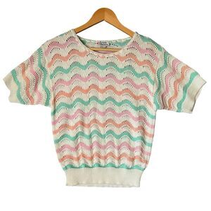 80s Cristin Stevens Pastel Rainbow Knit Crochet Sweater Scallop Striped Boho Sm
